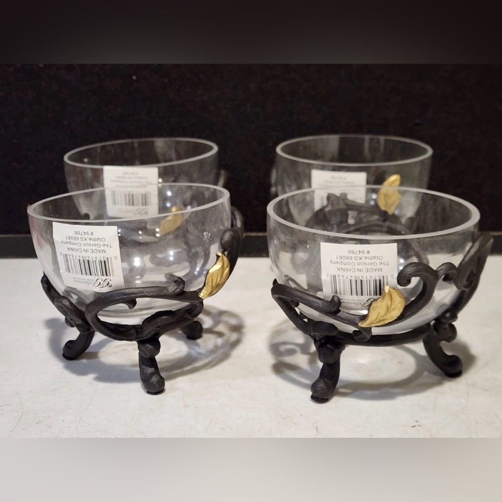 NEW- SET OF 4- GG Gracious Goods Gold Leaf Acanthus DIPPING BOWLS IN STANDS